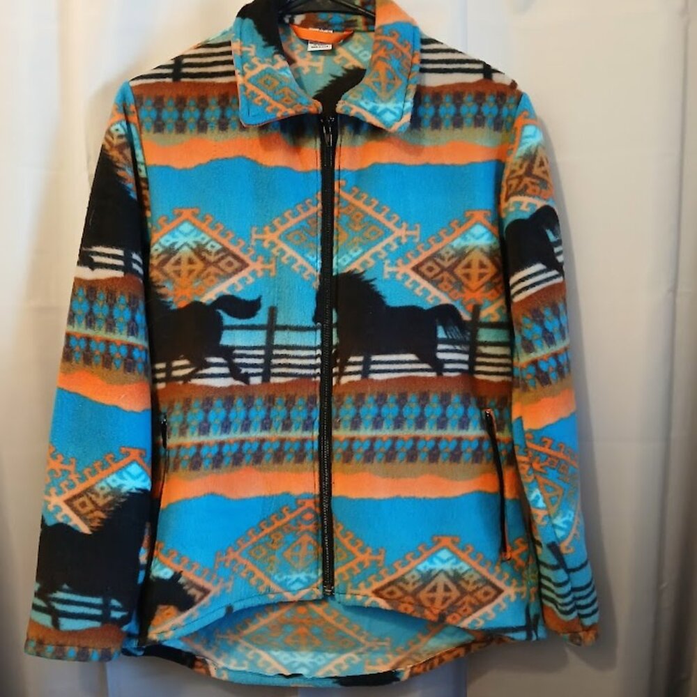 New Western Fleece Full Zip up Sweatshirt womens XS Blue Horses tribal w/Pockets